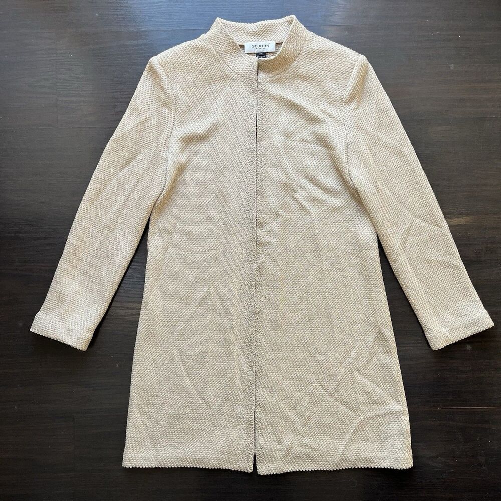 St. John Evening Wool Blend Cardigan Shimmery Sweater Rhinestones Trim Hook 10